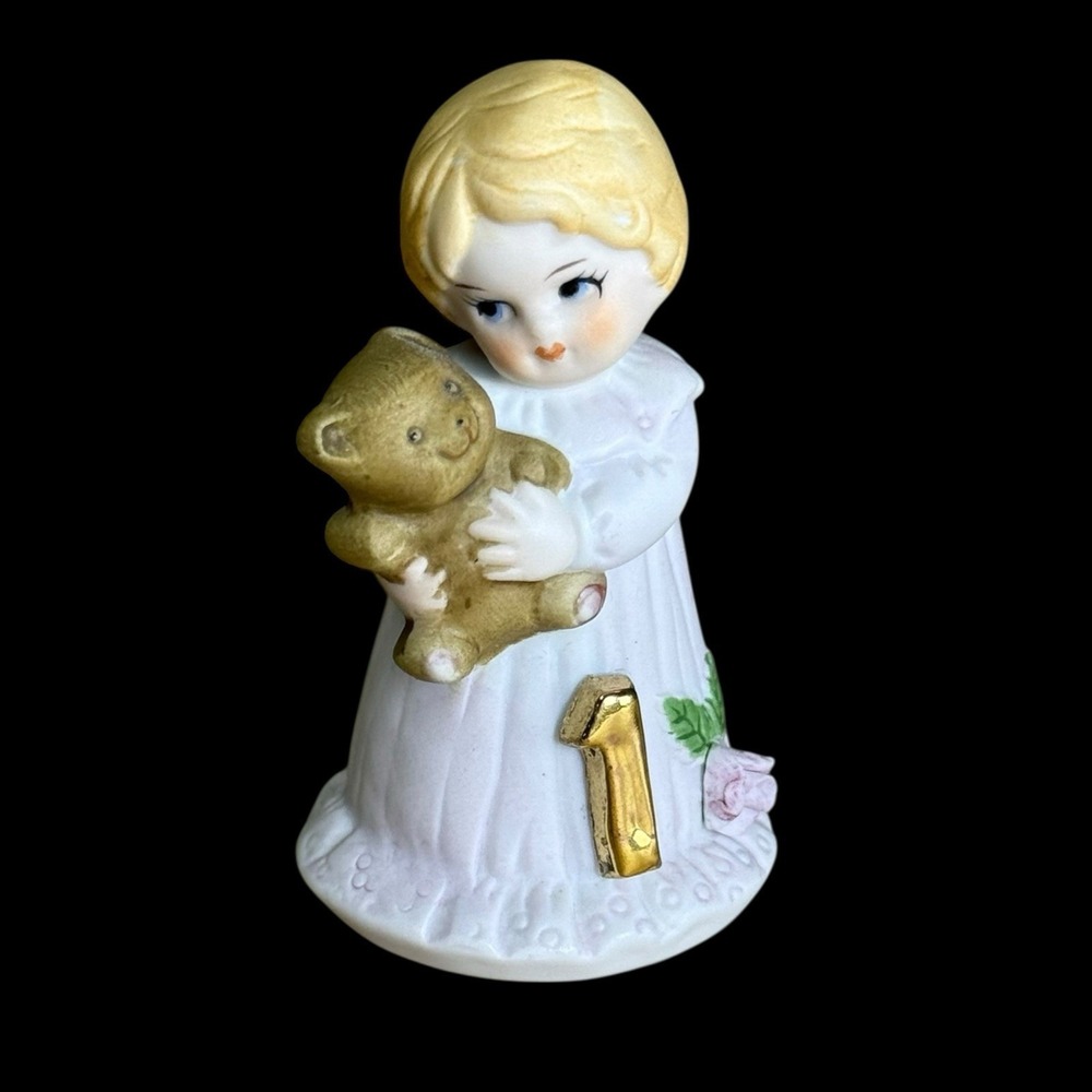 Growing Up Girls First Birthday Enesco Blond Blue Dress Holding Teddy Bear 1981